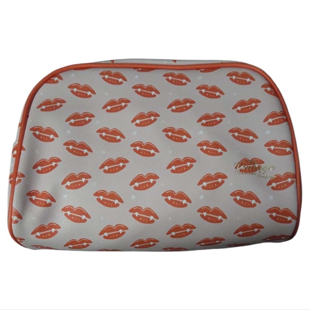 The Vintage Cosmetic Co. Pink & Orange Lips w/Fangs Patterned Cosmetic Bag NWOT